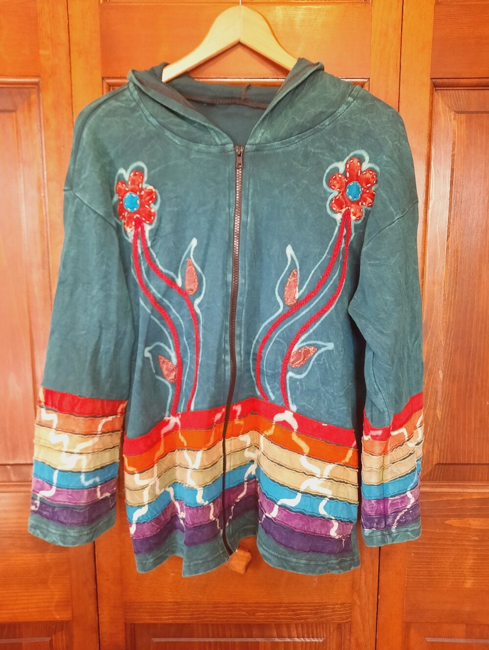 Rising International Y2K Hippie Boho Patchwork Rainbow Hoodie Jacket Size 2X
